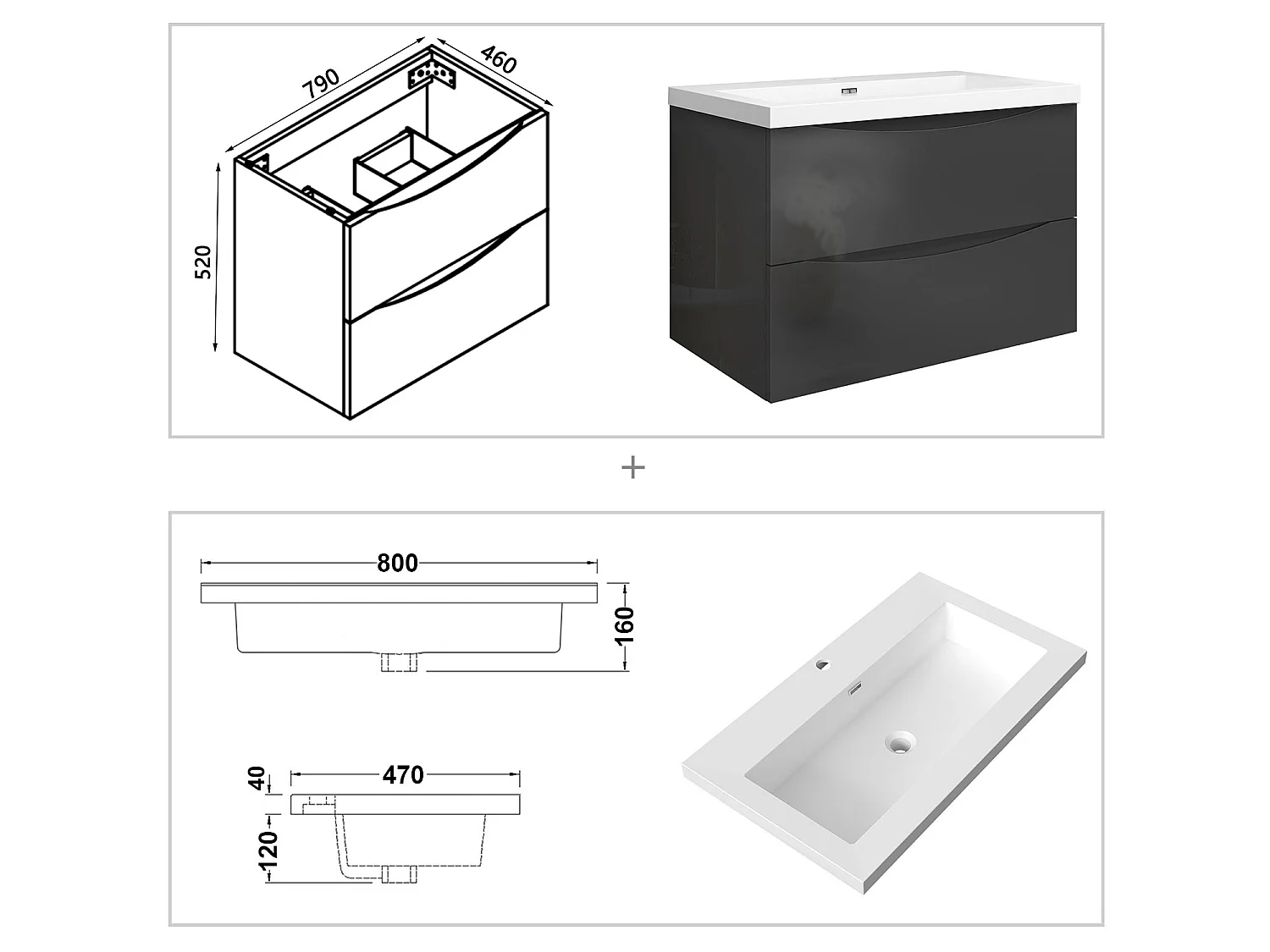 Meuble de salle de bain suspendu Brillant 80cm avec simple lavabo + 2 tiroirs, Anthracite