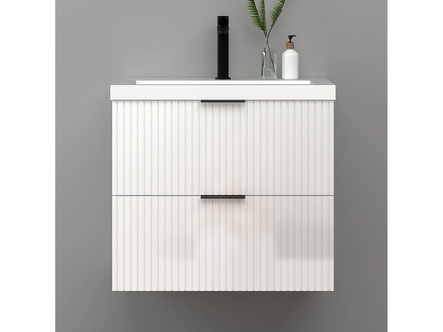 Meuble de salle de bain suspendu Strié Brillant 60cm avec simple lavabo + 2 tiroirs, Blanc