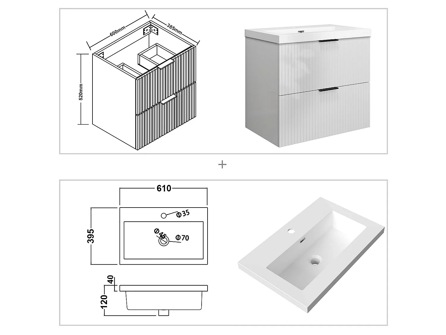 Meuble de salle de bain suspendu Strié Brillant 60cm avec simple lavabo + 2 tiroirs, Blanc