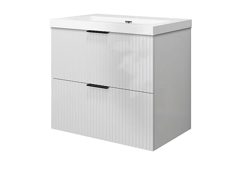 Meuble de salle de bain suspendu Strié Brillant 60cm avec simple lavabo + 2 tiroirs, Blanc