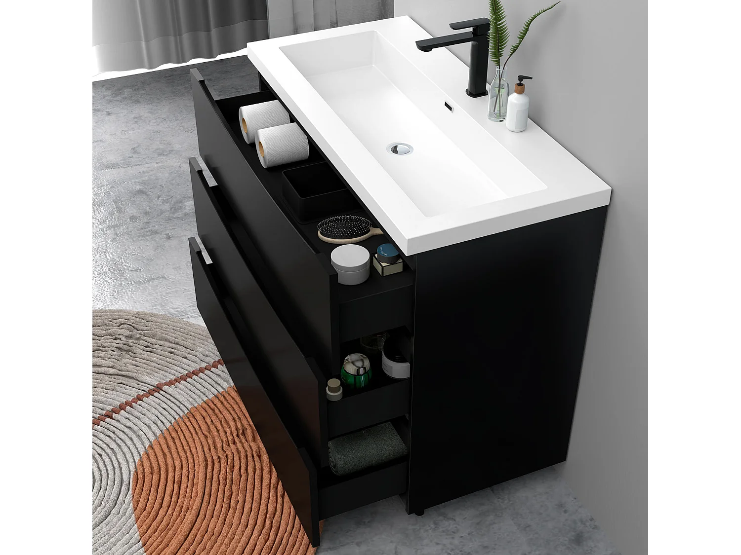 Meuble de salle de bain Brillant, Meuble de sol 100cm avec simple lavabo + 3 tiroirs, Noir