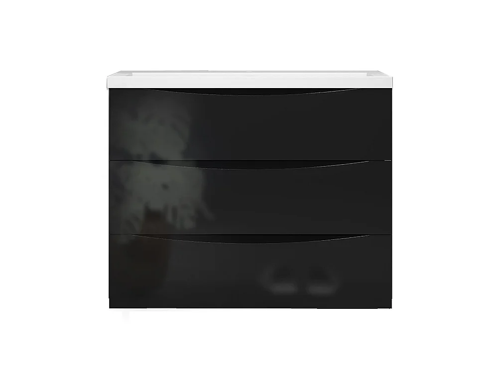Meuble de salle de bain Brillant, Meuble de sol 100cm avec simple lavabo + 3 tiroirs, Noir