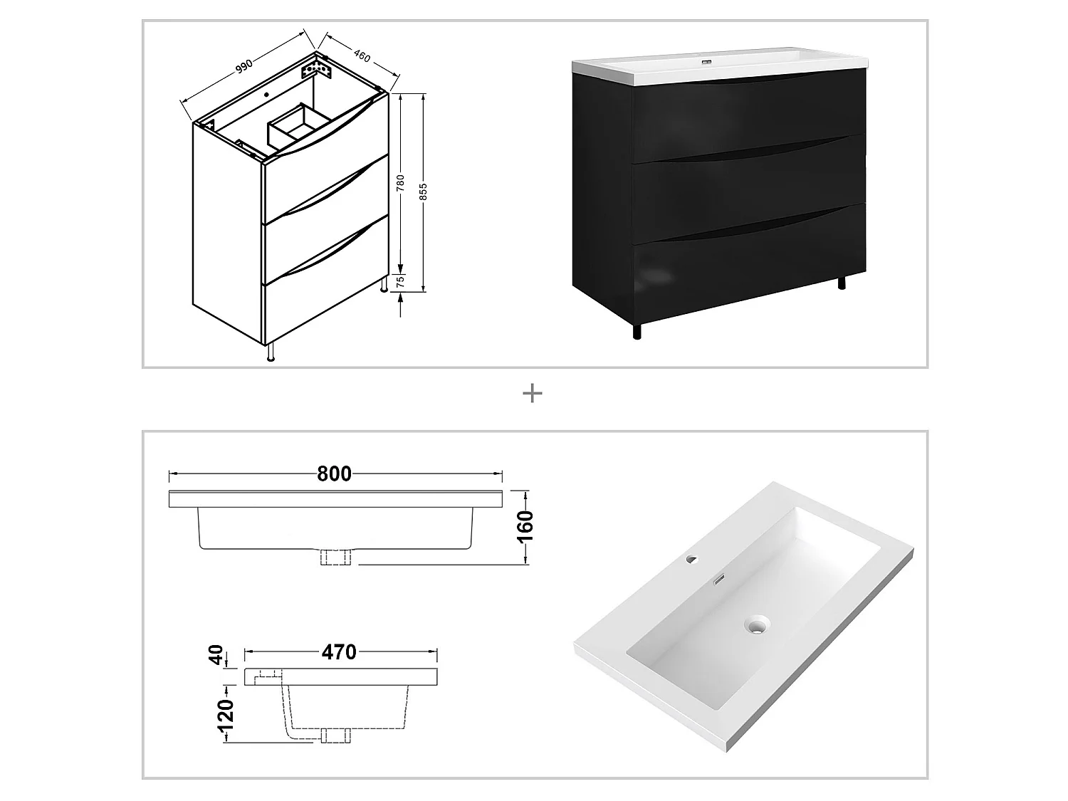 Meuble de salle de bain Brillant, Meuble de sol 100cm avec simple lavabo + 3 tiroirs, Noir