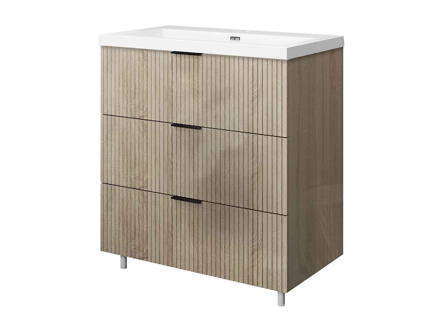 Meuble de salle de bain Strié Brillant, Meuble de sol 80cm avec simple lavabo + 3 tiroirs, Chêne