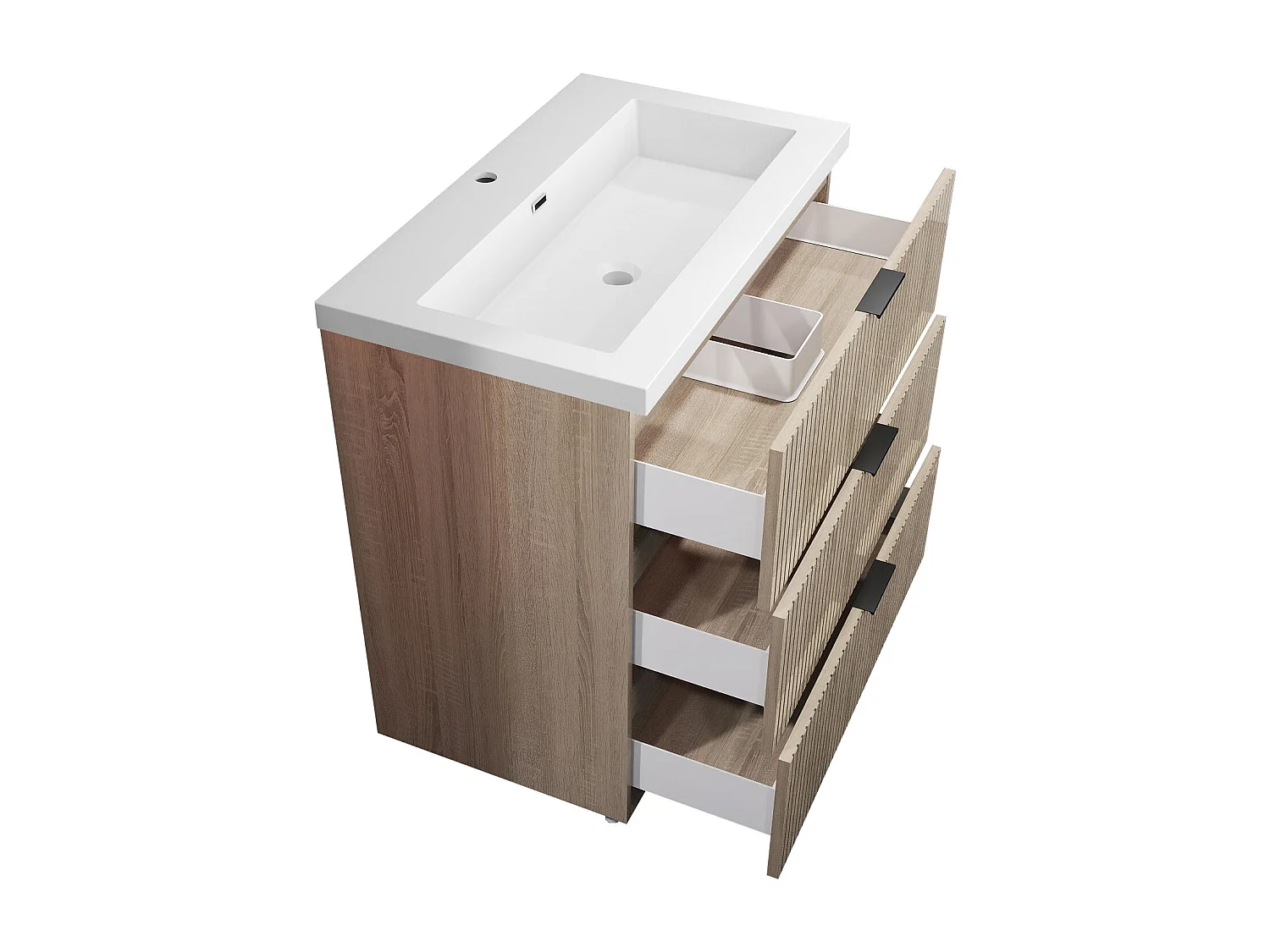 Meuble de salle de bain Strié Brillant, Meuble de sol 80cm avec simple lavabo + 3 tiroirs, Chêne