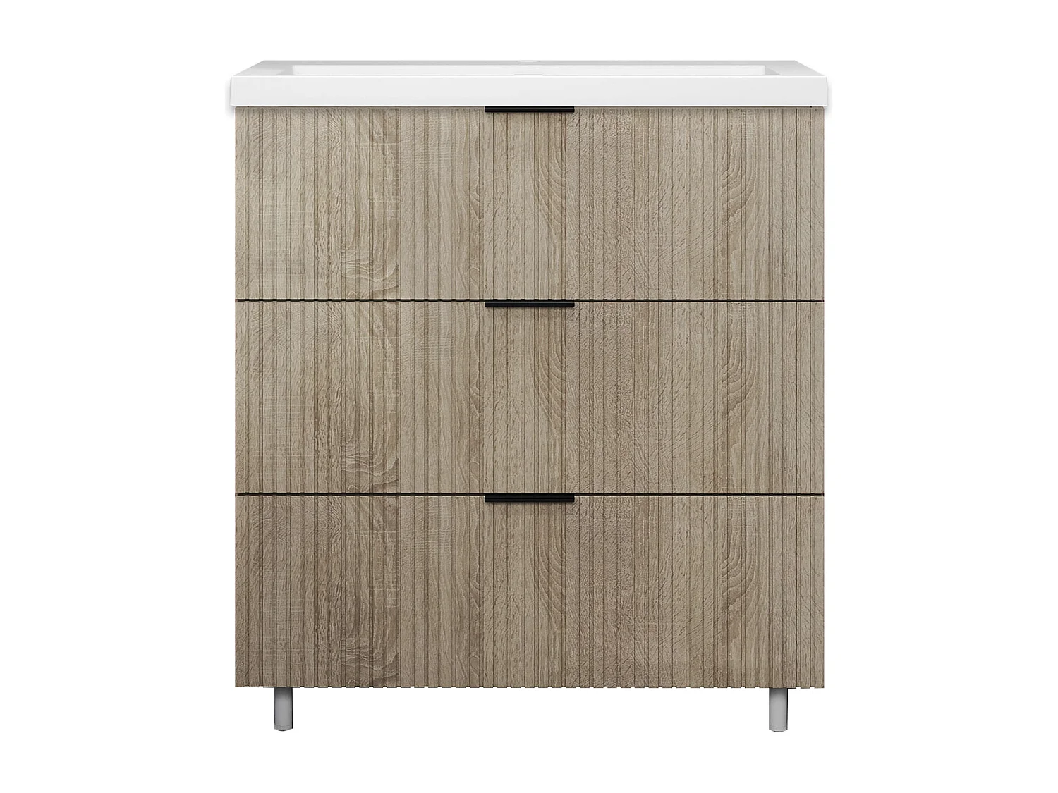 Meuble de salle de bain Strié Brillant, Meuble de sol 80cm avec simple lavabo + 3 tiroirs, Chêne