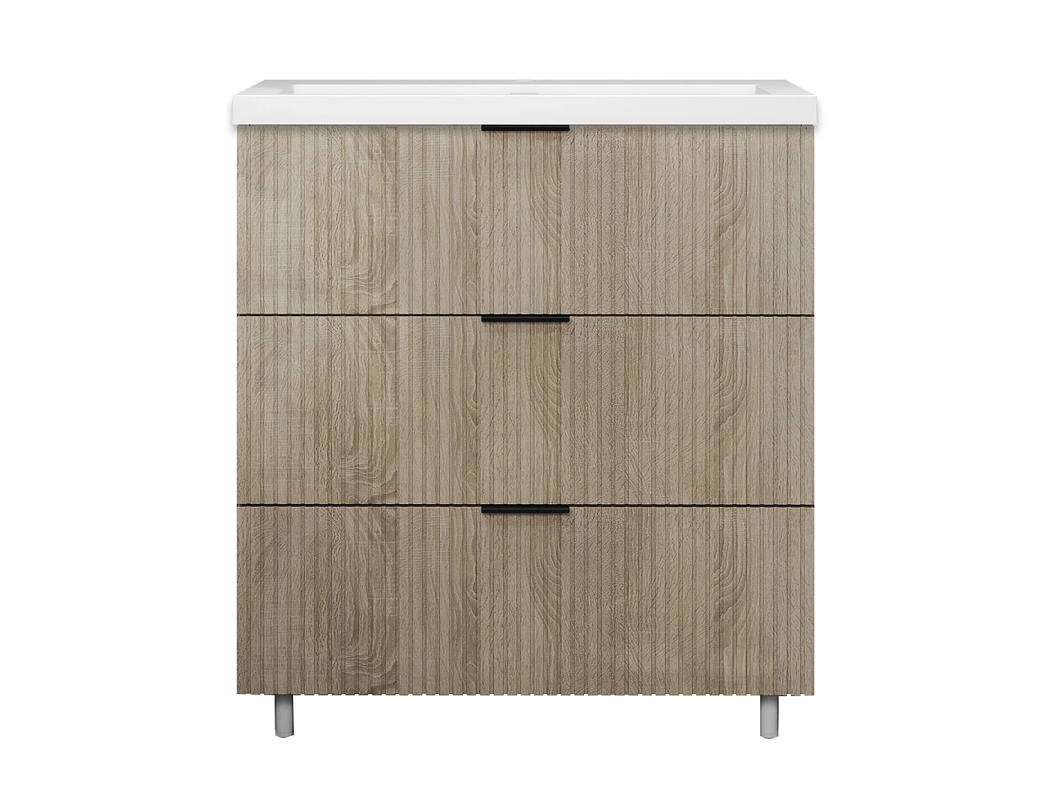 Meuble de salle de bain Strié Brillant, Meuble de sol 80cm avec simple lavabo + 3 tiroirs, Chêne