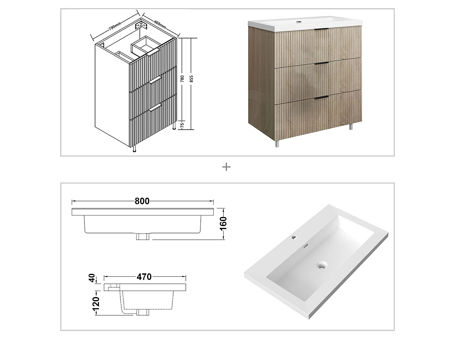 Meuble de salle de bain Strié Brillant, Meuble de sol 80cm avec simple lavabo + 3 tiroirs, Chêne