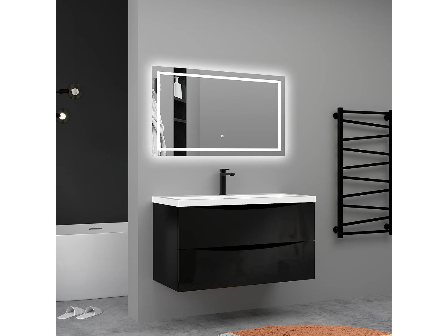 Meuble de salle de bain suspendu Brillant 100cm avec simple vasque + 2 tiroirs, Noir