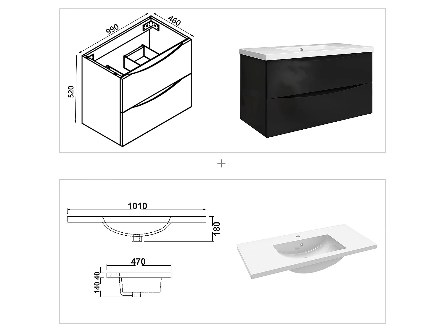 Meuble de salle de bain suspendu Brillant 100cm avec simple vasque + 2 tiroirs, Noir