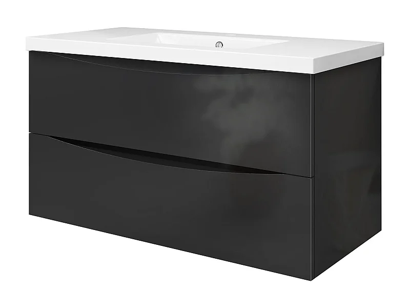 Meuble de salle de bain suspendu Brillant 100cm avec simple vasque + 2 tiroirs, Noir