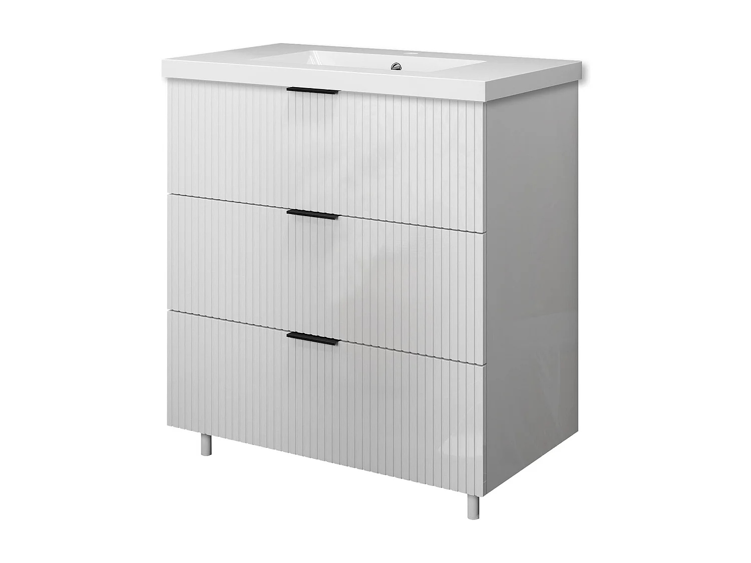 Meuble de salle de bain Strié Brillant, Meuble de sol 80cm avec simple vasque + 3 tiroirs, Blanc