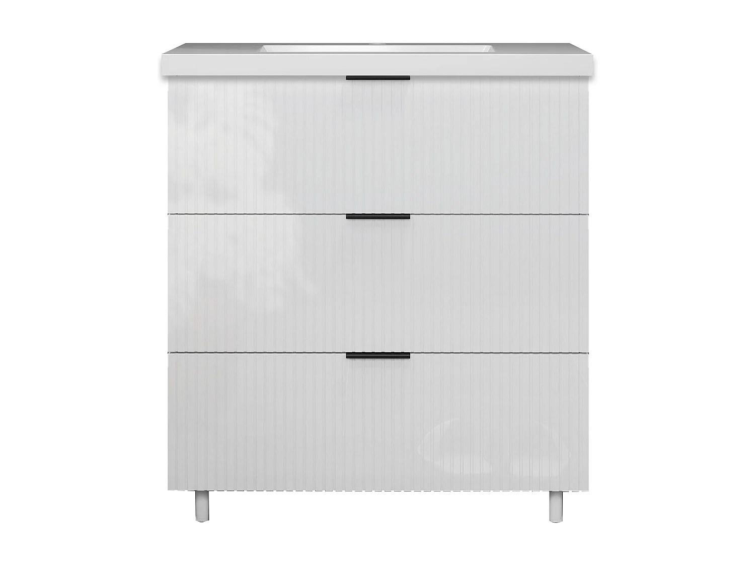 Meuble de salle de bain Strié Brillant, Meuble de sol 80cm avec simple vasque + 3 tiroirs, Blanc