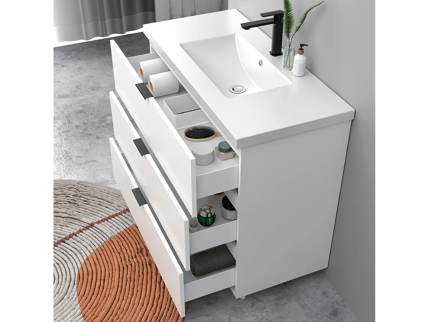 Meuble de salle de bain Strié Brillant, Meuble de sol 80cm avec simple vasque + 3 tiroirs, Blanc