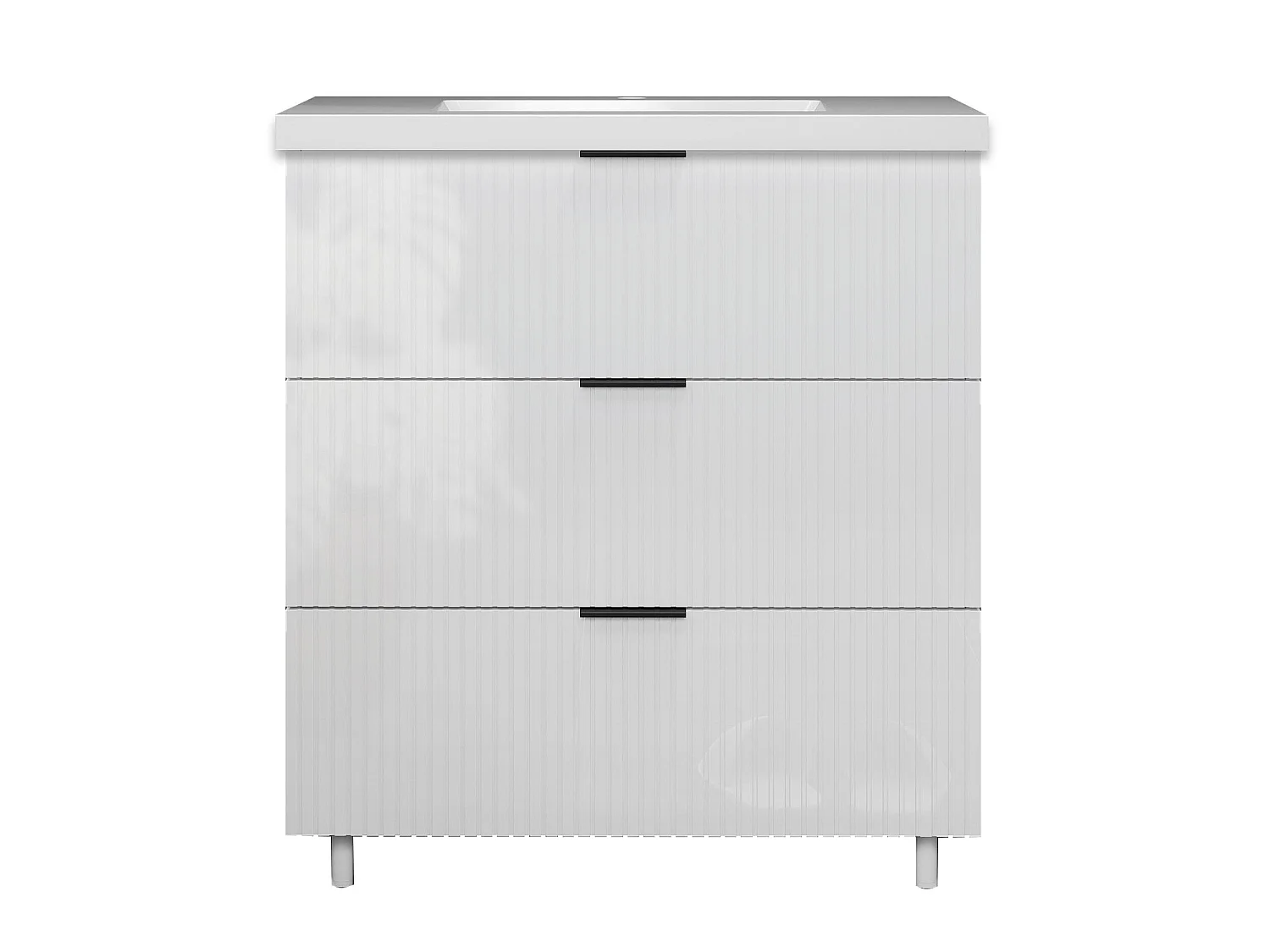 Meuble de salle de bain Strié Brillant, Meuble de sol 80cm avec simple vasque + 3 tiroirs, Blanc