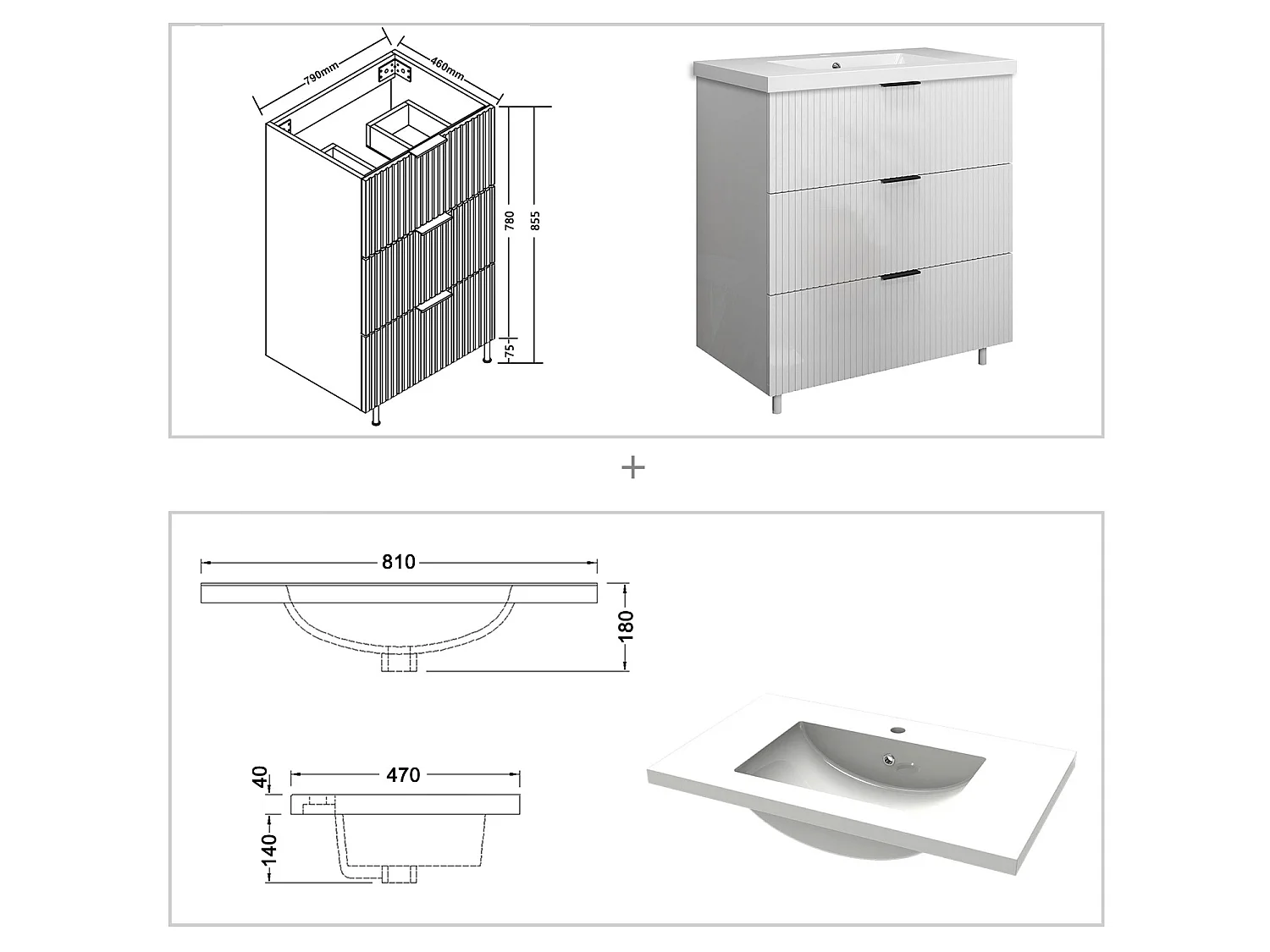 Meuble de salle de bain Strié Brillant, Meuble de sol 80cm avec simple vasque + 3 tiroirs, Blanc