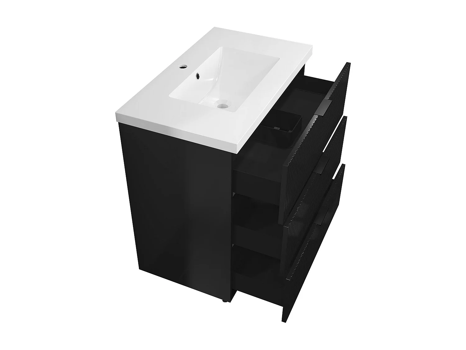 Meuble de salle de bain Strié Brillant, Meuble de sol 80cm avec simple vasque + 3 tiroirs, Noir