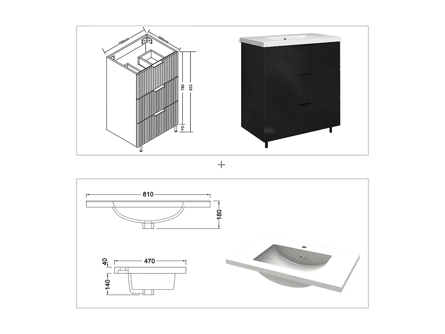 Meuble de salle de bain Strié Brillant, Meuble de sol 80cm avec simple vasque + 3 tiroirs, Noir