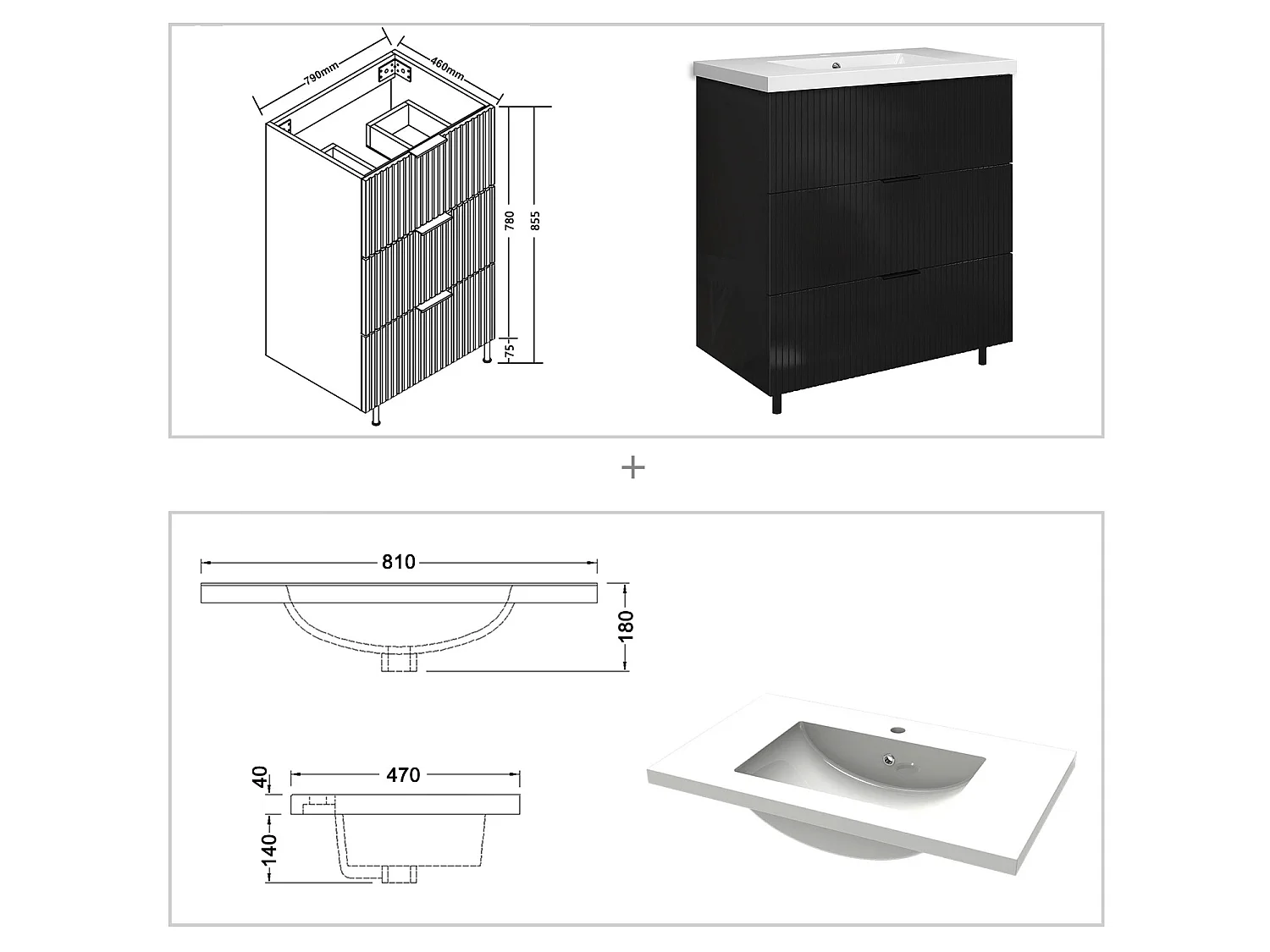 Meuble de salle de bain Strié Brillant, Meuble de sol 80cm avec simple vasque + 3 tiroirs, Noir