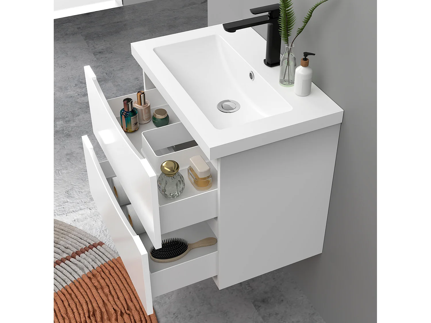 Meuble de salle de bain suspendu Brillant 60cm avec simple vasque + 2 tiroirs, Blanc