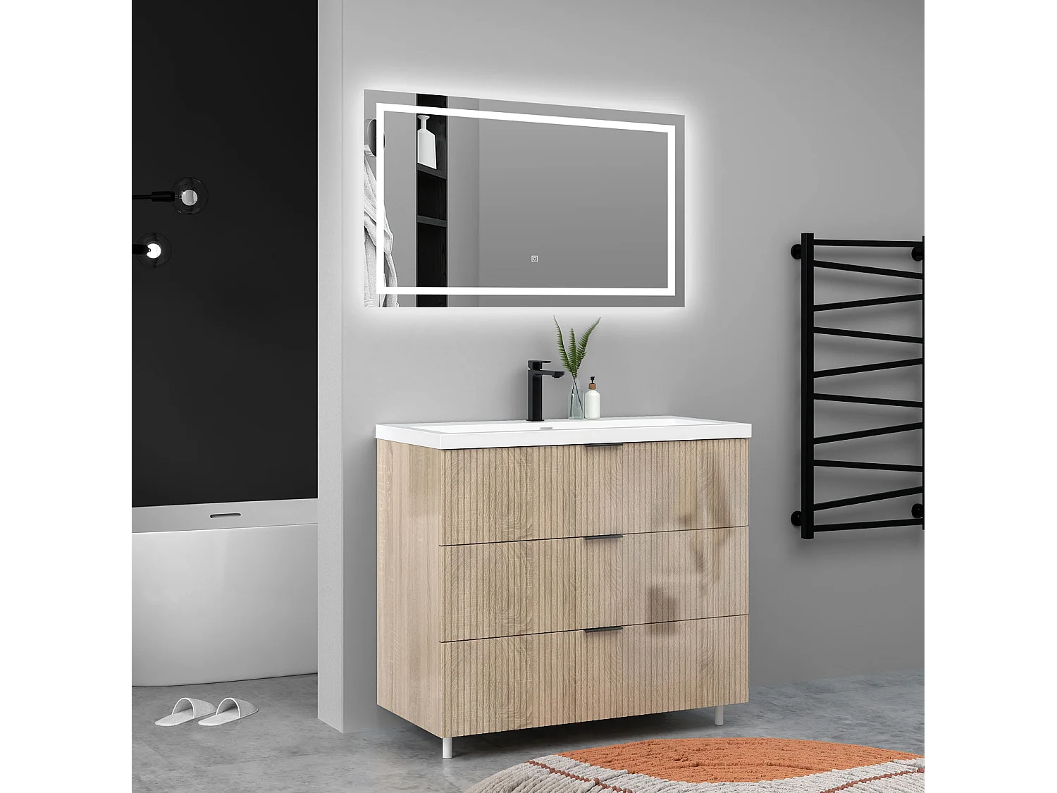 Meuble de salle de bain Strié Brillant, Meuble de sol 100cm avec simple lavabo + 3 tiroirs, Chêne