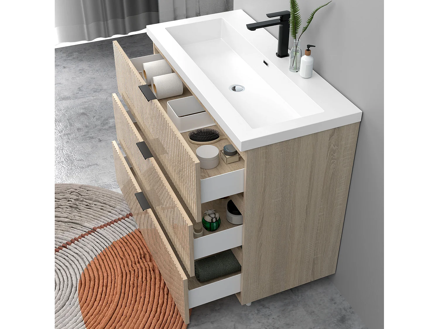 Meuble de salle de bain Strié Brillant, Meuble de sol 100cm avec simple lavabo + 3 tiroirs, Chêne