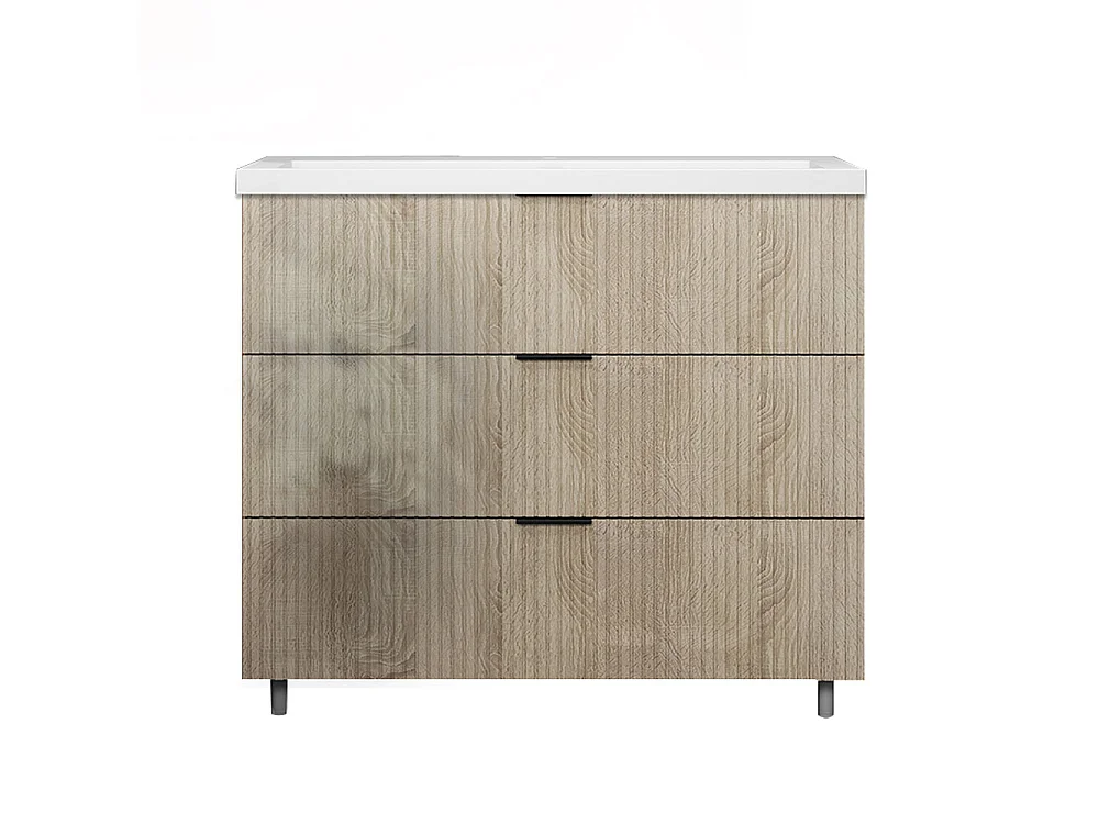 Meuble de salle de bain Strié Brillant, Meuble de sol 100cm avec simple lavabo + 3 tiroirs, Chêne