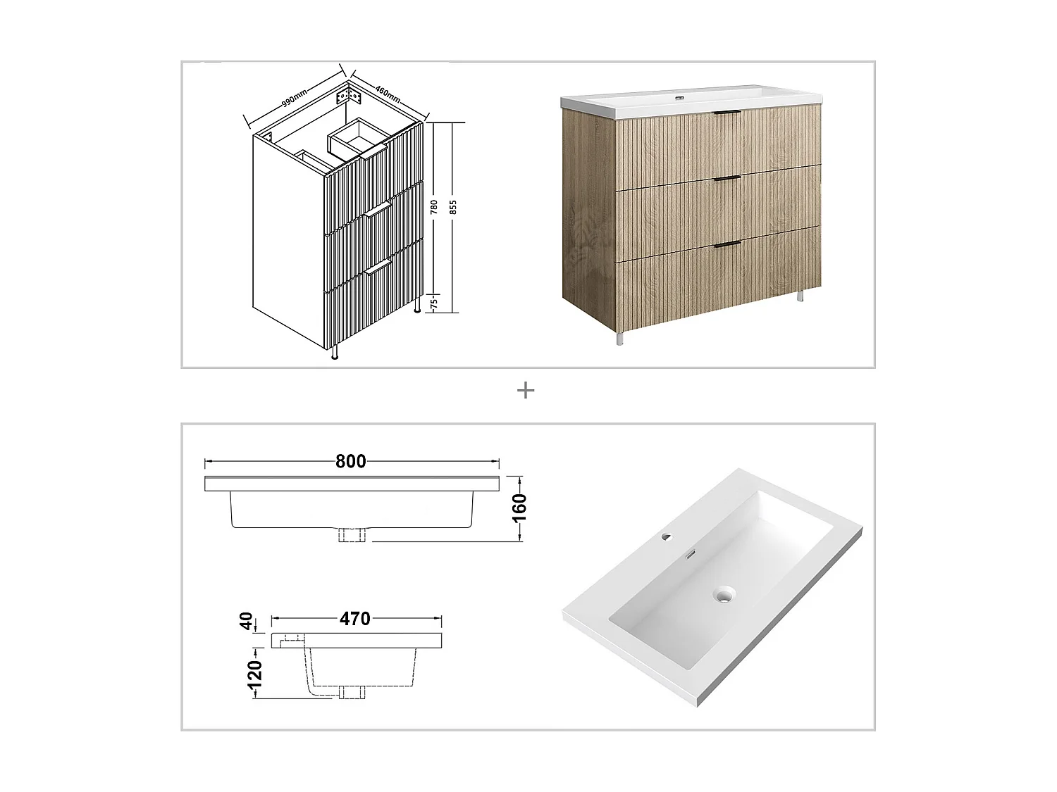 Meuble de salle de bain Strié Brillant, Meuble de sol 100cm avec simple lavabo + 3 tiroirs, Chêne