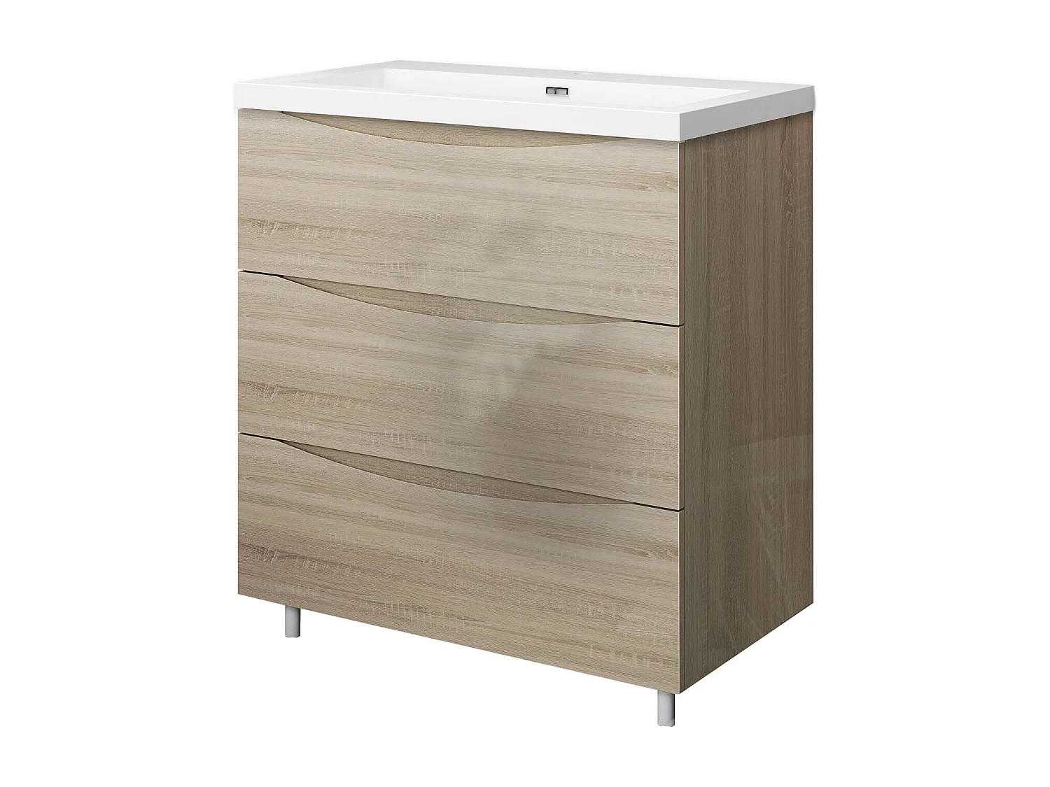 Meuble de salle de bain Brillant, Meuble de sol 80cm avec simple lavabo + 3 tiroirs, Chêne