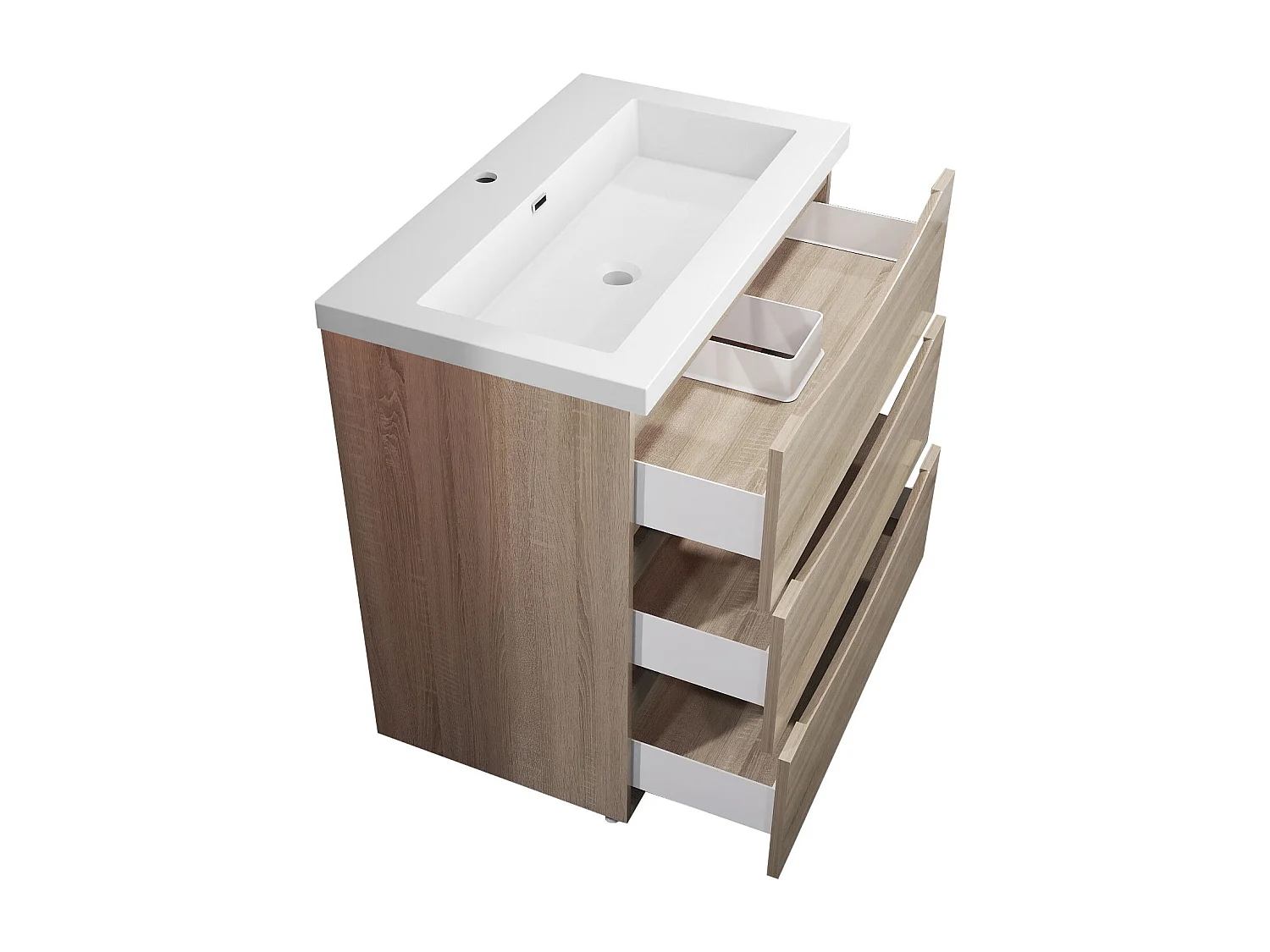 Meuble de salle de bain Brillant, Meuble de sol 80cm avec simple lavabo + 3 tiroirs, Chêne