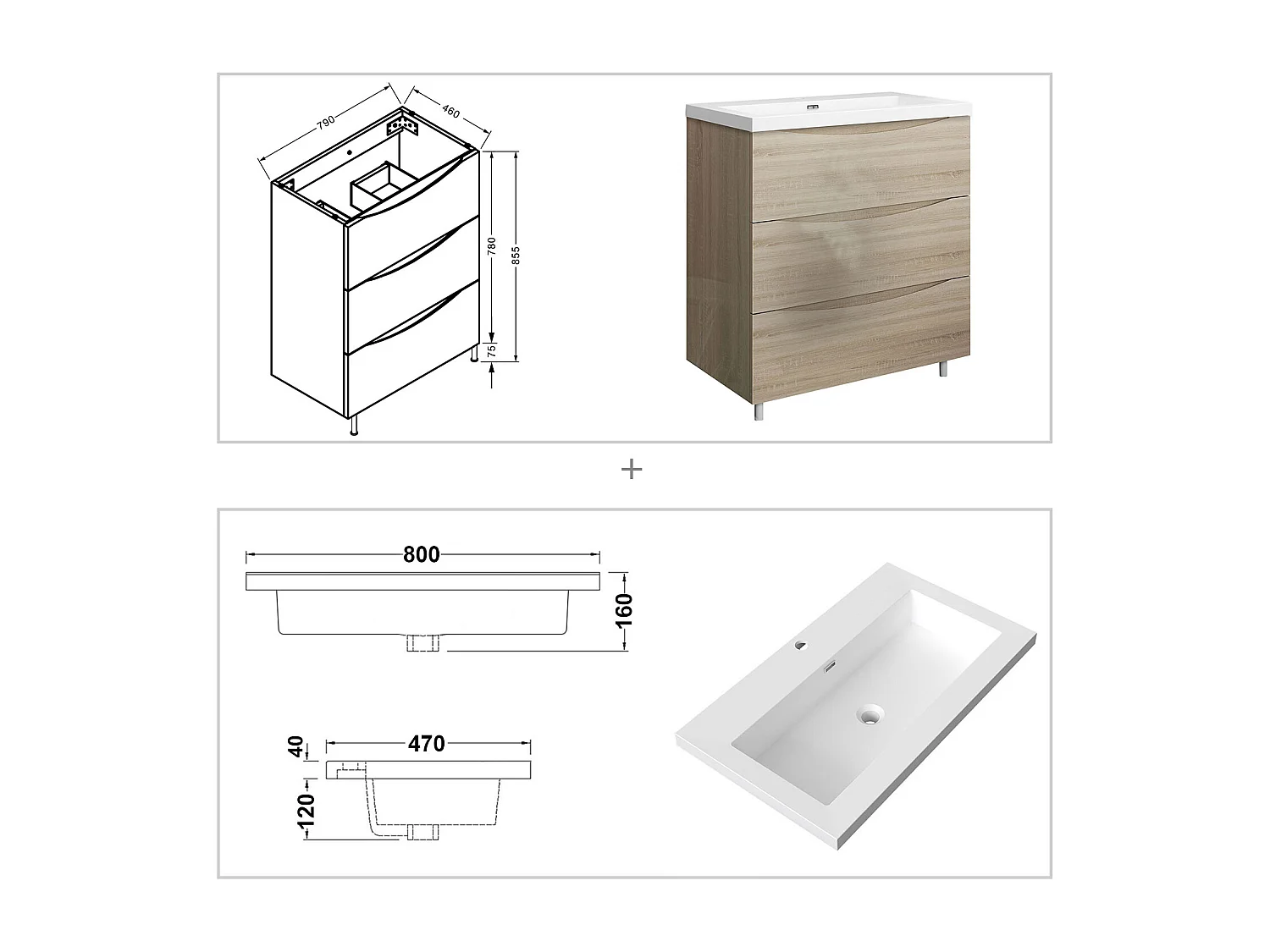 Meuble de salle de bain Brillant, Meuble de sol 80cm avec simple lavabo + 3 tiroirs, Chêne