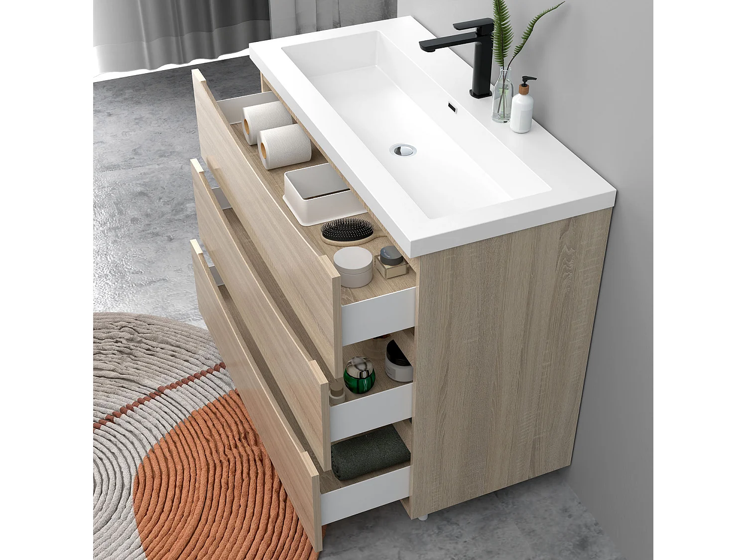 Meuble de salle de bain Brillant, Meuble de sol 80cm avec simple lavabo + 3 tiroirs, Chêne