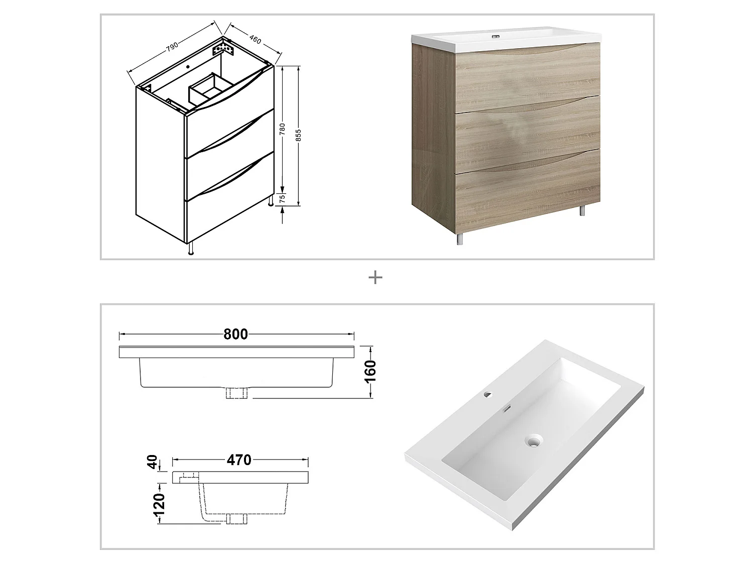 Meuble de salle de bain Brillant, Meuble de sol 80cm avec simple lavabo + 3 tiroirs, Chêne