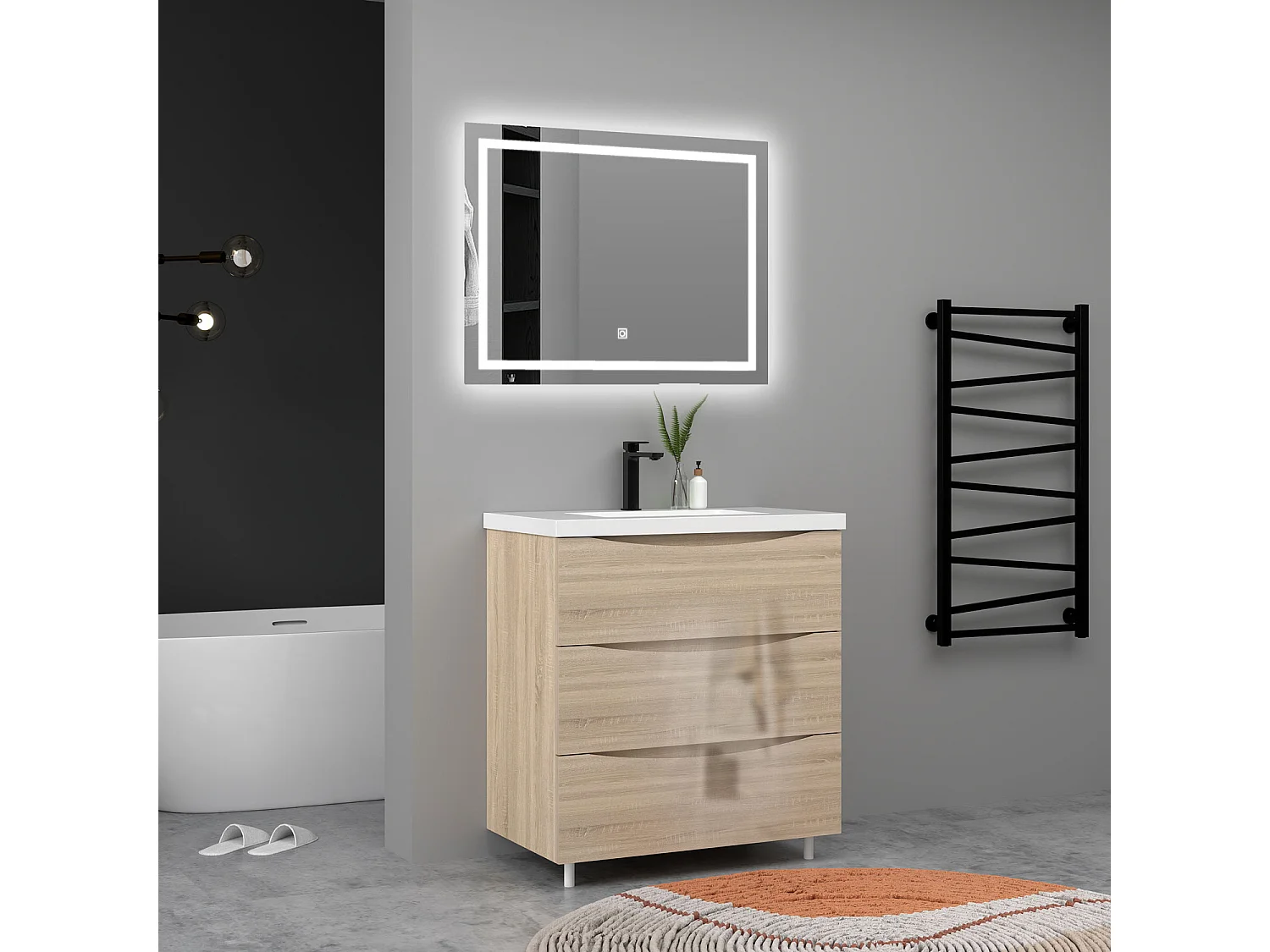 Meuble de salle de bain Brillant, Meuble de sol 80cm avec simple lavabo + 3 tiroirs, Chêne