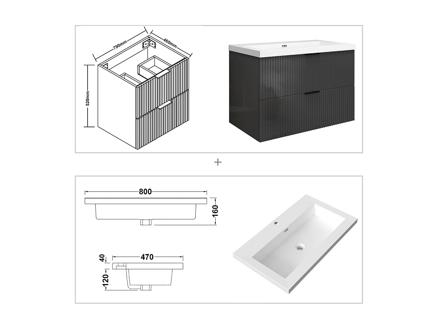 Meuble de salle de bain suspendu Strié Brillant 80cm avec simple lavabo + 2 tiroirs, Anthracite