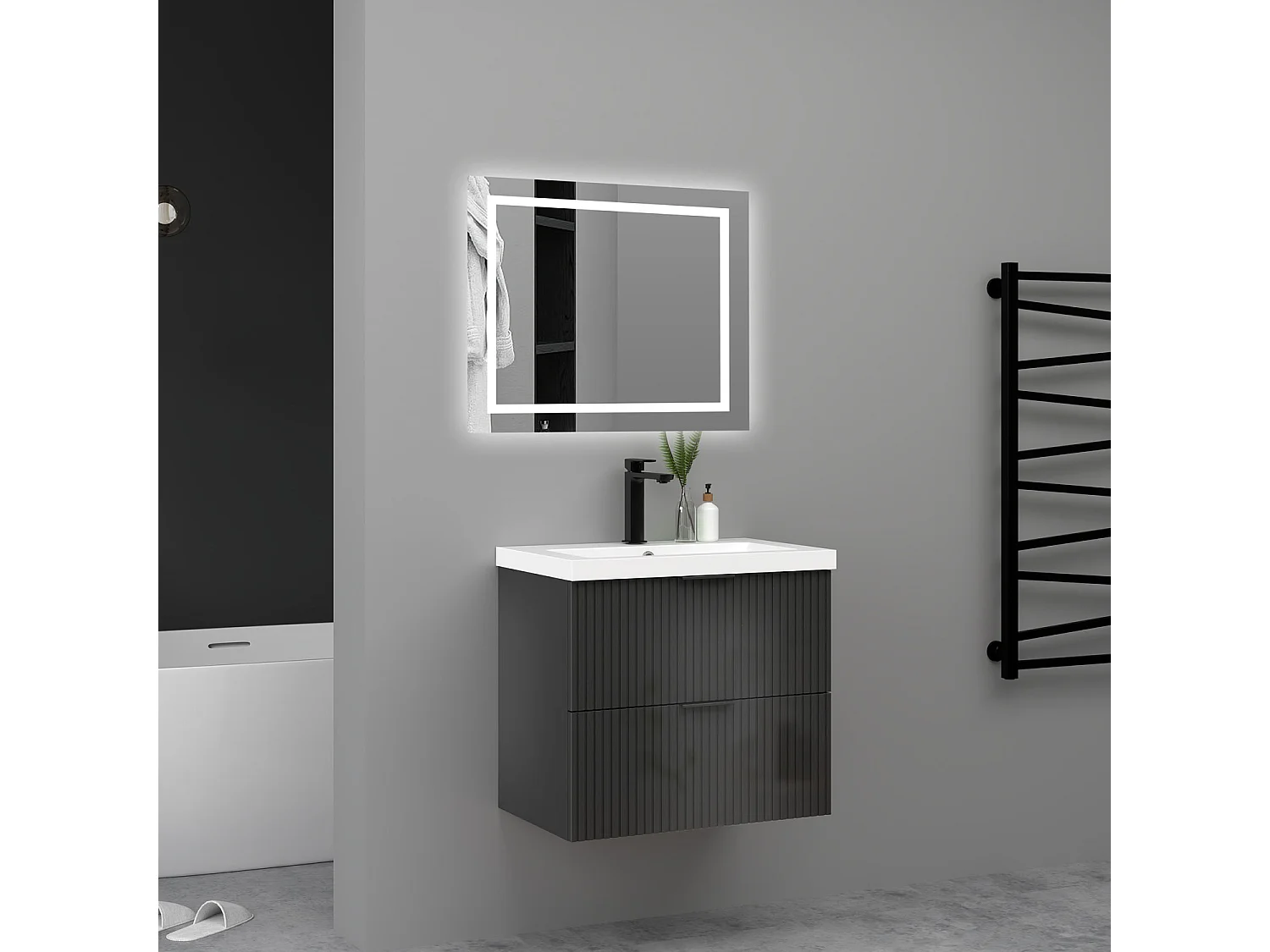 Meuble de salle de bain suspendu Strié Brillant 80cm avec simple lavabo + 2 tiroirs, Anthracite