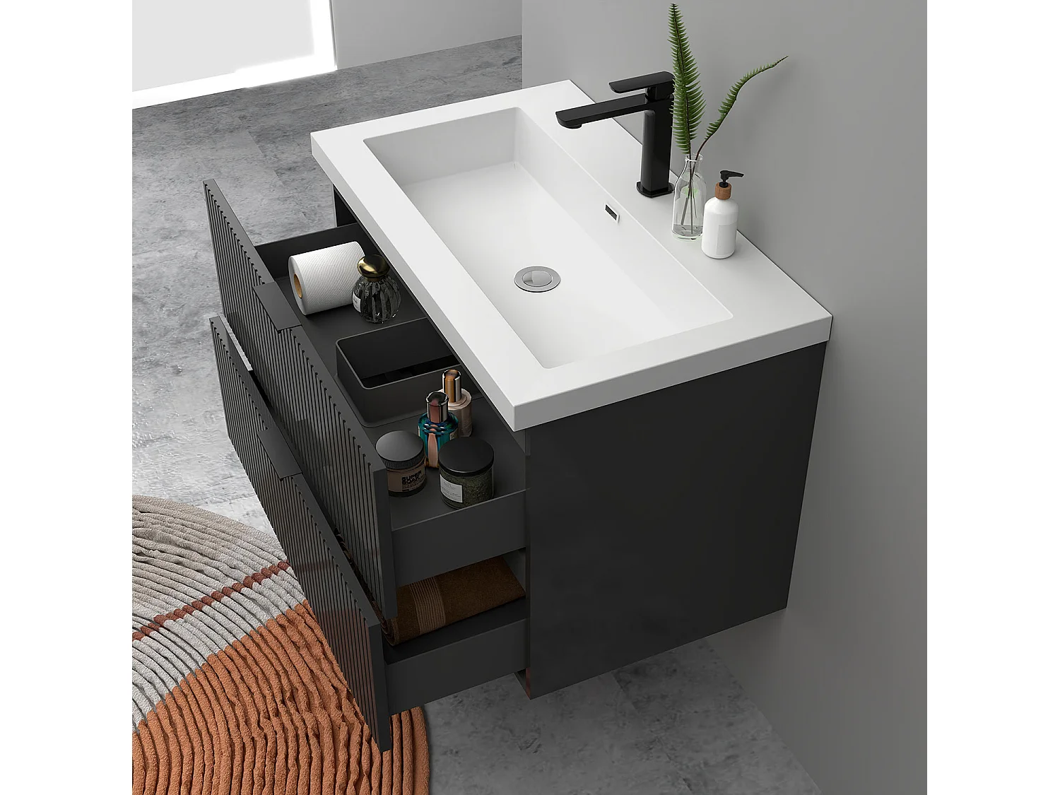 Meuble de salle de bain suspendu Strié Brillant 80cm avec simple lavabo + 2 tiroirs, Anthracite