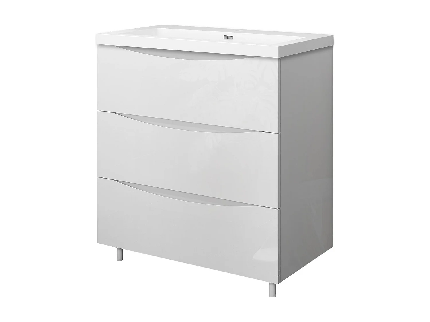 Meuble de salle de bain Brillant, Meuble de sol 80cm avec simple lavabo + 3 tiroirs, Blanc
