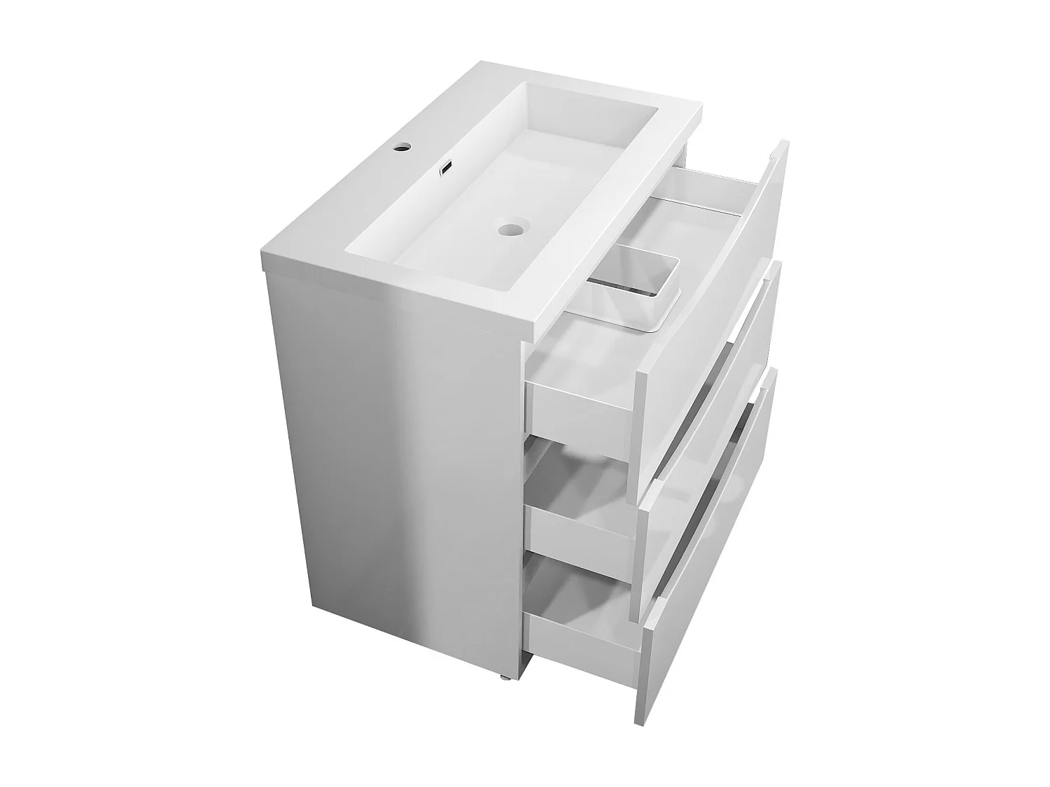 Meuble de salle de bain Brillant, Meuble de sol 80cm avec simple lavabo + 3 tiroirs, Blanc