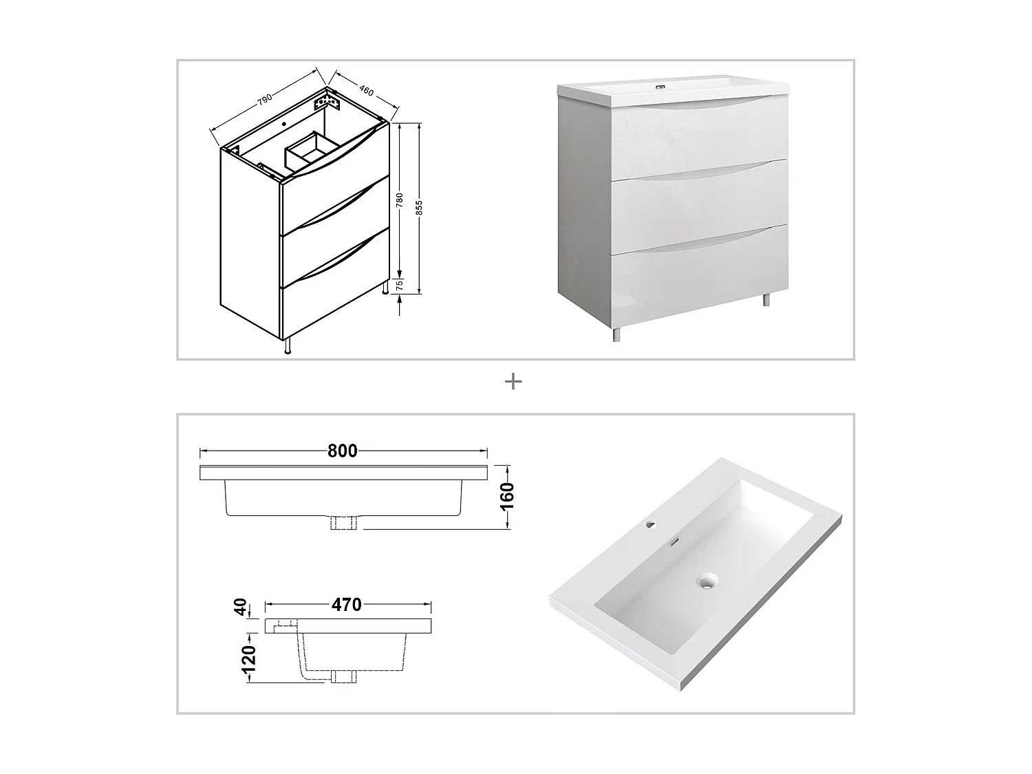 Meuble de salle de bain Brillant, Meuble de sol 80cm avec simple lavabo + 3 tiroirs, Blanc