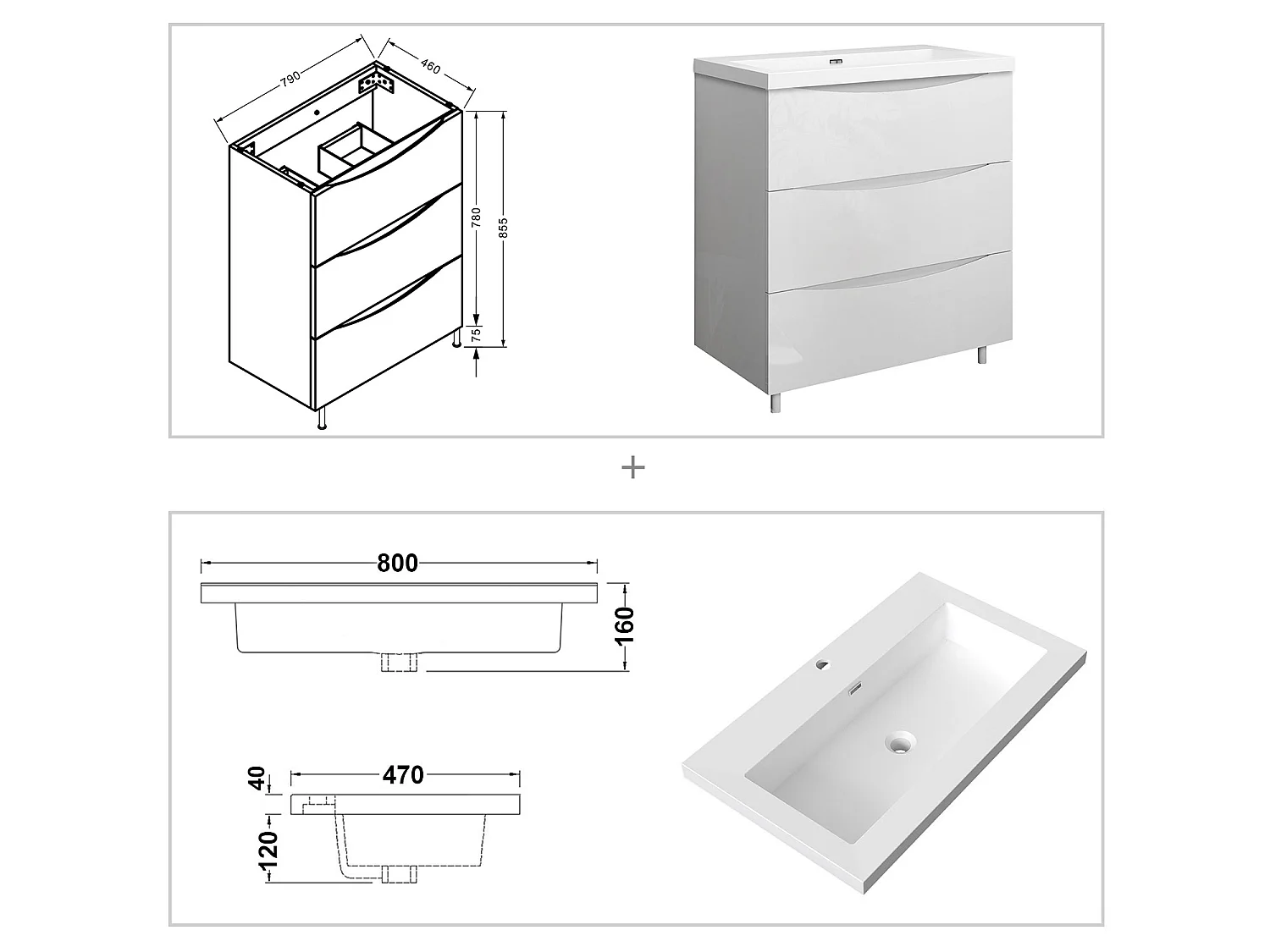 Meuble de salle de bain Brillant, Meuble de sol 80cm avec simple lavabo + 3 tiroirs, Blanc