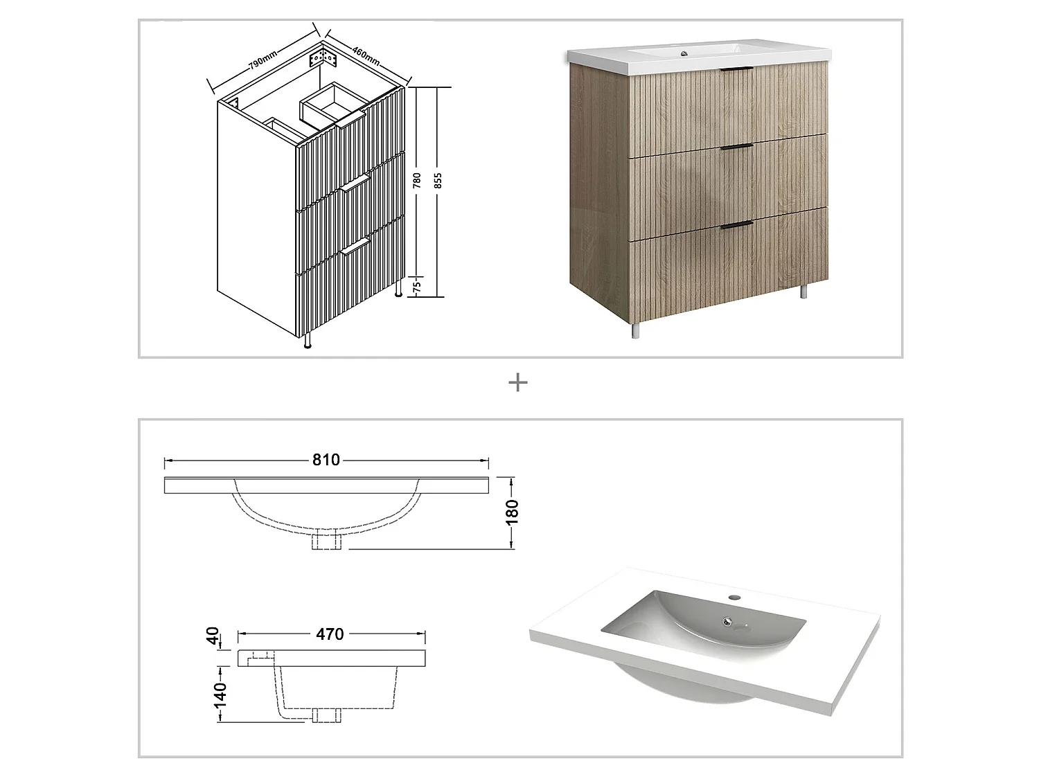 Meuble de salle de bain Strié Brillant, Meuble de sol 80cm avec simple vasque + 3 tiroirs, Chêne
