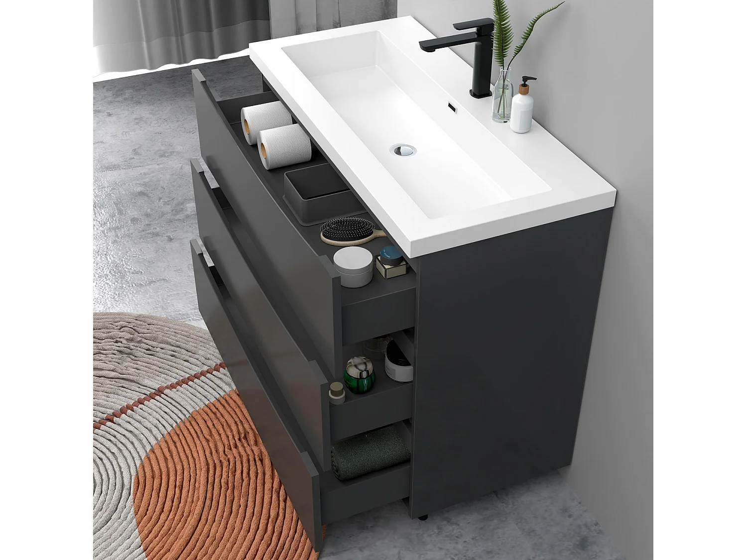 Meuble de salle de bain Brillant, Meuble de sol 80cm avec simple lavabo + 3 tiroirs, Anthracite