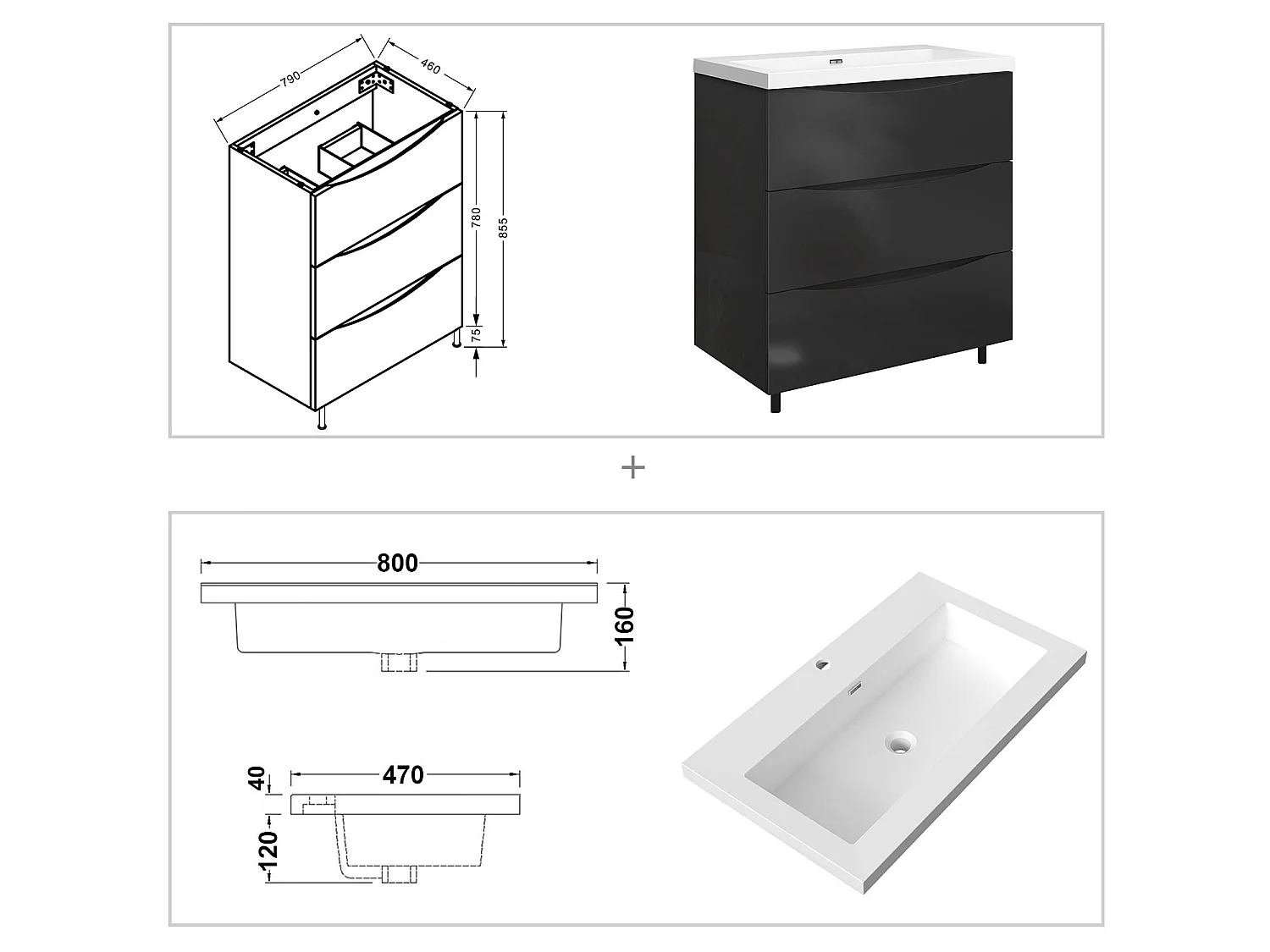 Meuble de salle de bain Brillant, Meuble de sol 80cm avec simple lavabo + 3 tiroirs, Anthracite