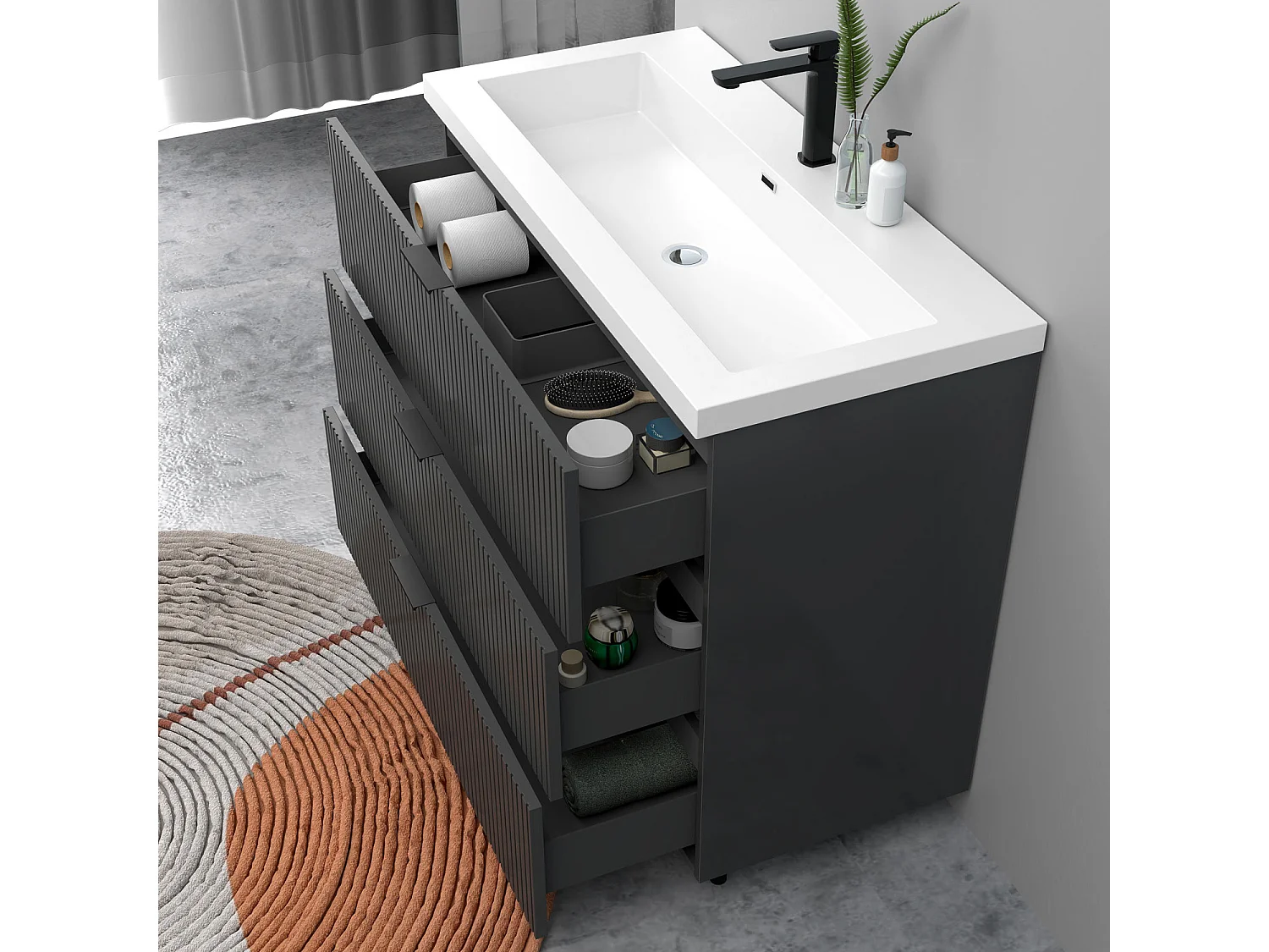 Meuble de salle de bain Strié Brillant, Meuble de sol 100cm avec simple lavabo + 3 tiroirs, Anthracite