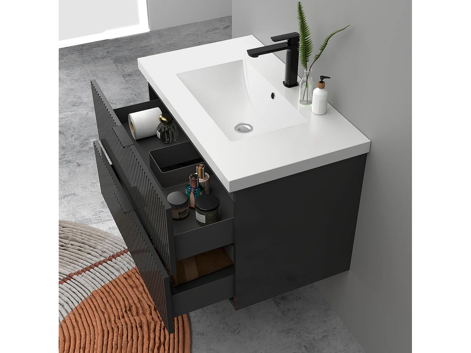 Meuble de salle de bain suspendu Strié Brillant 80cm avec simple vasque + 2 tiroirs, Anthracite