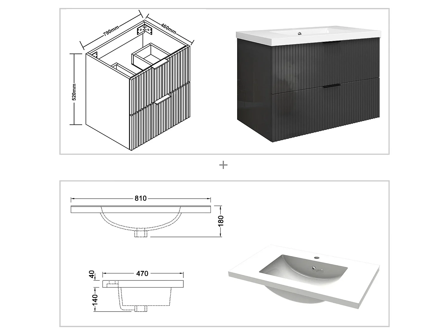 Meuble de salle de bain suspendu Strié Brillant 80cm avec simple vasque + 2 tiroirs, Anthracite