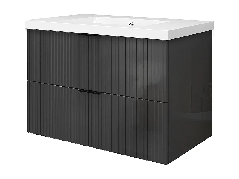 Meuble de salle de bain suspendu Strié Brillant 80cm avec simple vasque + 2 tiroirs, Anthracite