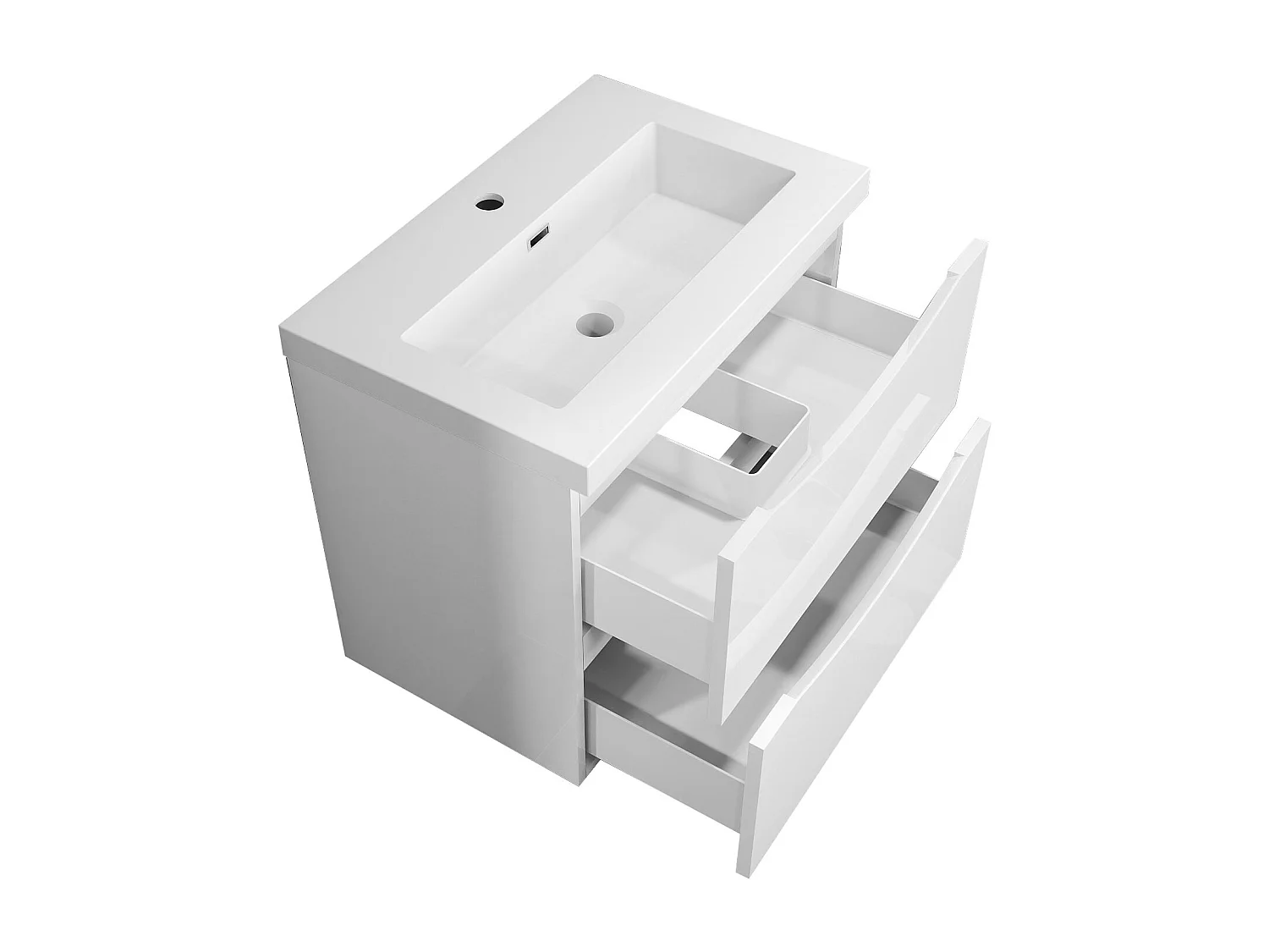 Meuble de salle de bain suspendu Brillant 60cm avec simple lavabo + 2 tiroirs, Blanc