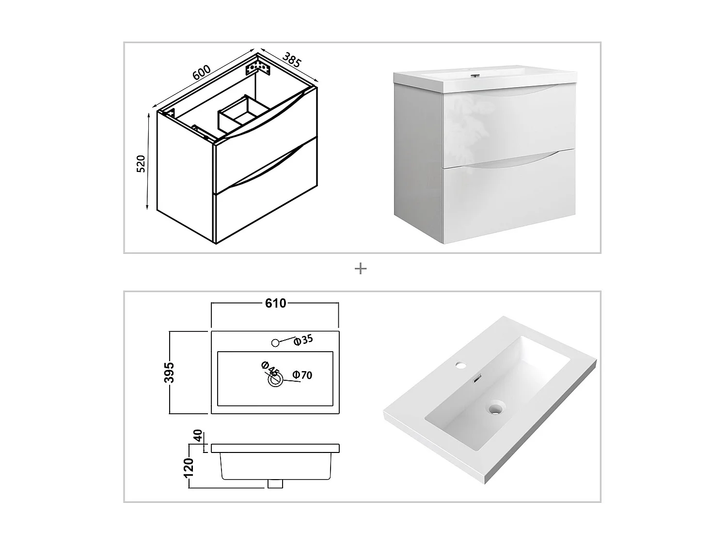 Meuble de salle de bain suspendu Brillant 60cm avec simple lavabo + 2 tiroirs, Blanc
